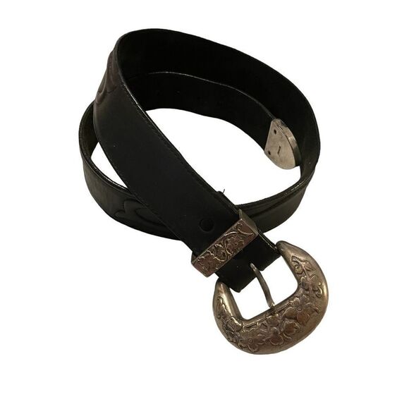 Vintage Brighton Black Leather Embossed Western Belt - Picture 1 of 6